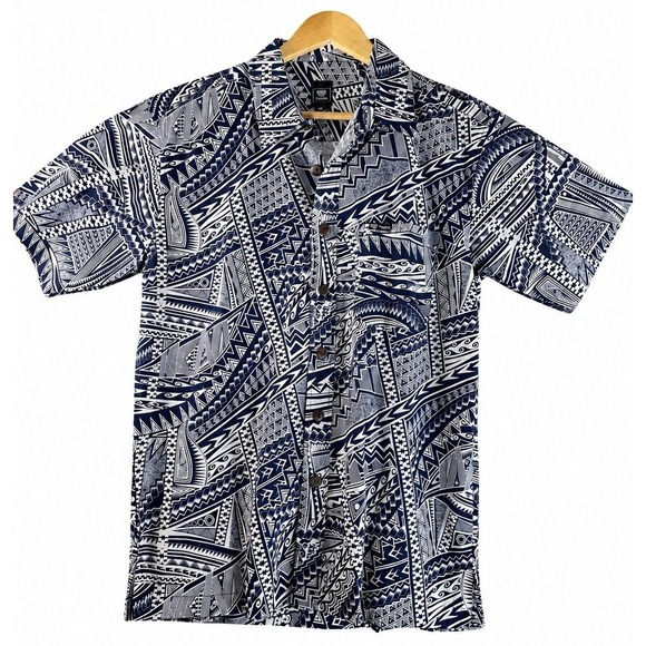 Favant Other - Tanoa Polynesian Tribal Hawaiian Shirt Men M Blue White 100% Cotton Fiji